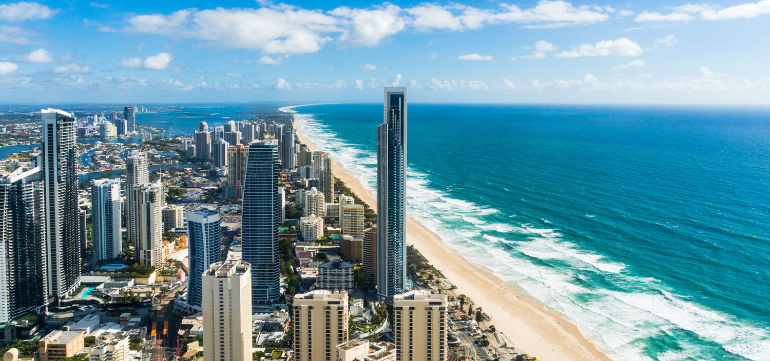 The Gold Coast yacht charter view of the cityscape along the beach